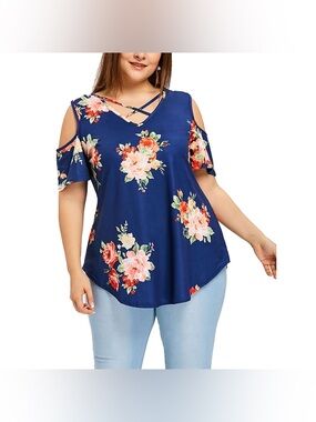 HIMONE Women Summer Boho Floral Blouse Top Casual Short Sleeve V-Neck